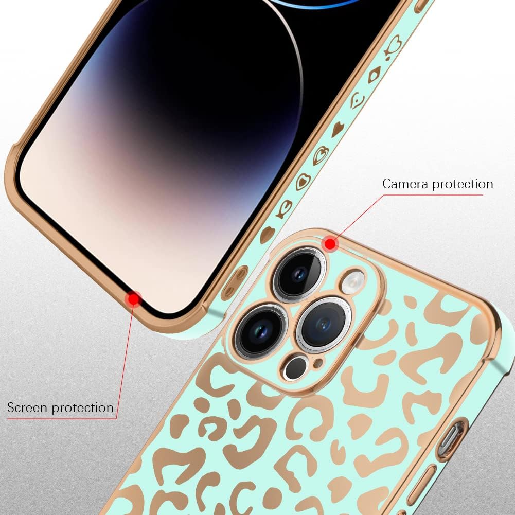 Bonoma Funda compatible con iPhone 14 Pro Max con revestimiento de leopardo, bonita funda elegante de lujo, protector de cámara, TPU suave, a prueba