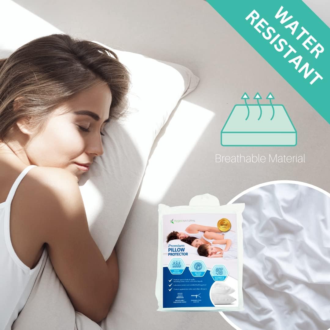Hygea – Juego de 2 lujosos protectores de almohada naturales resistentes al agua – Fundas de almohada con cremallera prémium