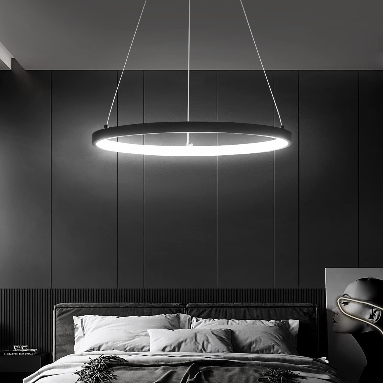 Candelabro LED moderno, 1 anillo grande para techos altos, sala de estar, vestíbulo, lámparas colgantes ajustables de 79 pulgadas para comedor, sala