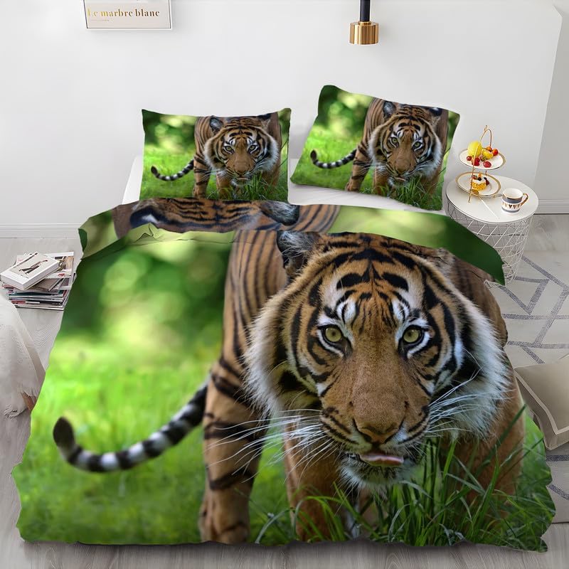 Tiger Dark Green Duvet Cover Full Animal Print Bedding Sets Full Soft Microfiber Comforter Cover and 2 Pillow Shams 20″X26″, Bed Set Duvet Covers