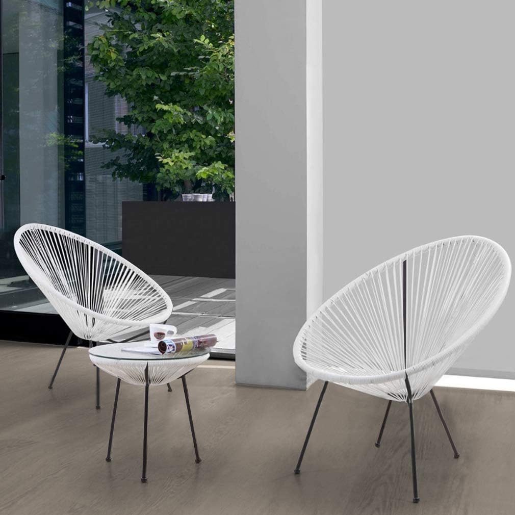 FDW Juego de 2 sillas Acapulco para exteriores, diseño de hamaca de cristal, parte superior de cristal, tamaño pequeño, color blanco