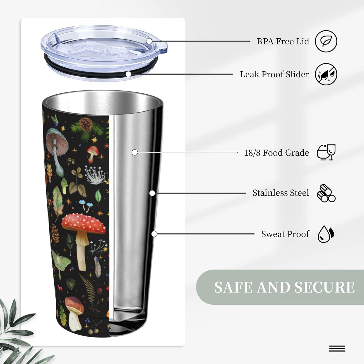 Vaso de regalo de hongos de 20 onzas, vasos de acero inoxidable delgado de doble pared para plantas, taza de café de viaje aislada para mujeres,