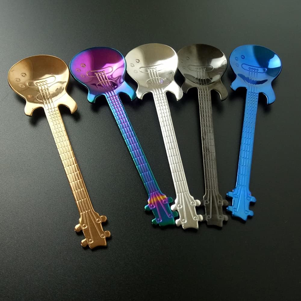 Juego de 5 cucharas de guitarra, juego de cucharas de té, juego de cucharas de té coloridas de acero inoxidable, cuchara de mezcla de té, café de