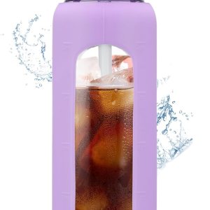 BLUEGO Botella de agua de vidrio de 24 onzas, botella de agua motivacional con marcador de tiempo y popote, botellas de agua con tapa de bloqueo y BLUEGO Botella de agua de vidrio de 24 onzas, botella de agua motivacional con marcador de tiempo y popote, botellas de agua con tapa de bloqueo y