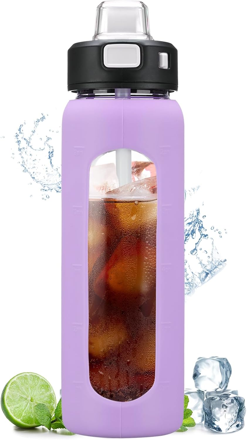 BLUEGO Botella de agua de vidrio de 24 onzas, botella de agua motivacional con marcador de tiempo y popote, botellas de agua con tapa de bloqueo y