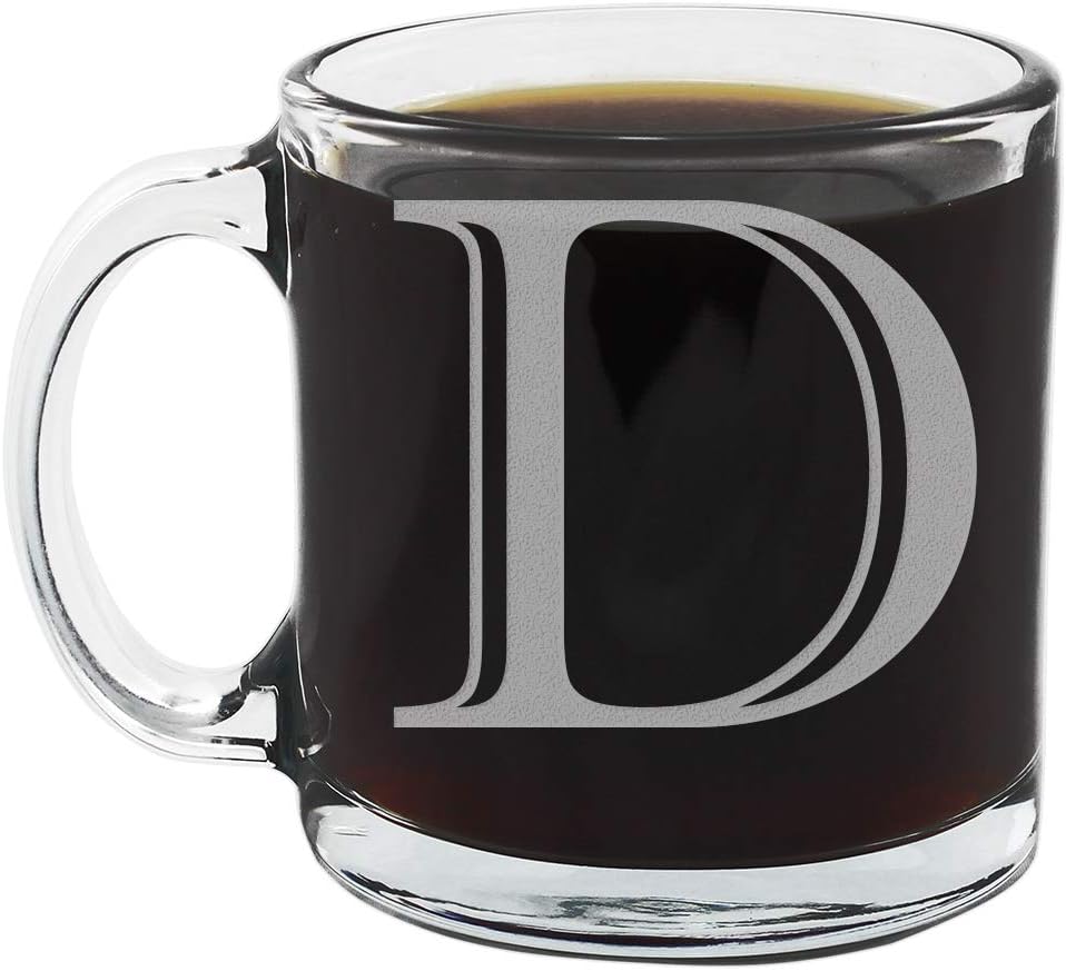 Spotted Dog Company Taza de café de vidrio transparente con monograma grabado de 12 onzas (letra D), regalos de café personalizados de la A-Z para