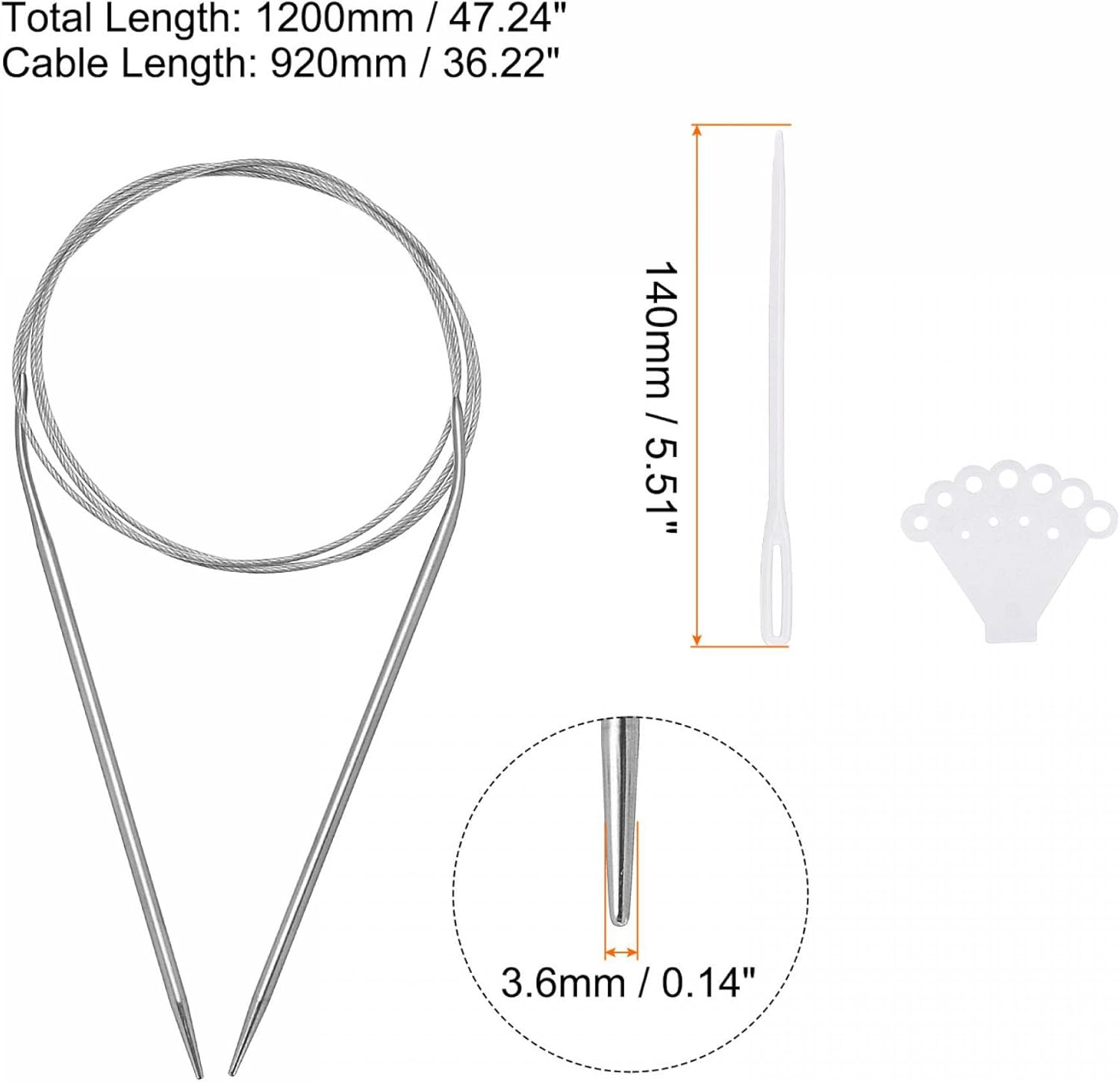 uxcell Kit de agujas de tejer circulares, 47.24 pulgadas de largo, 0.142 in de diámetro, aguja de suéter redonda de acero inoxidable para proyectos