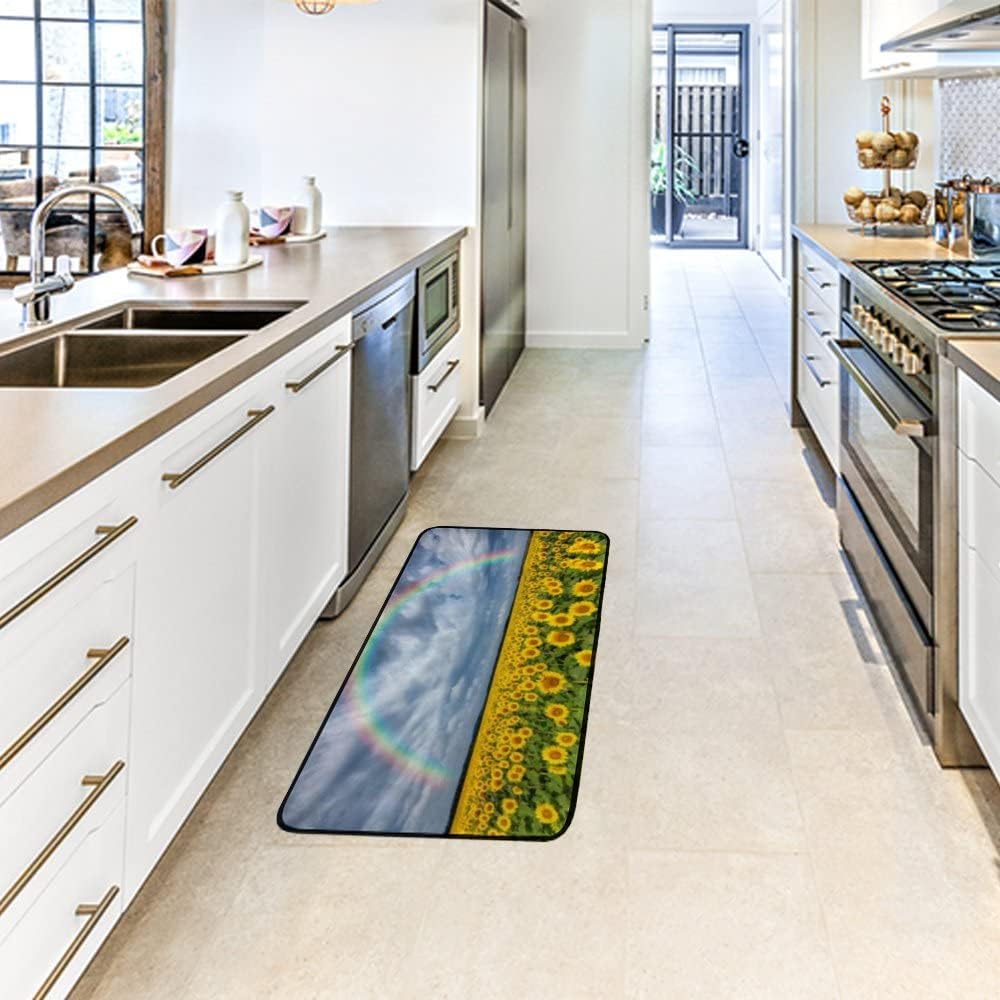 Alfombras de cocina para el suelo, antideslizantes, antideslizantes, acolchadas, para fregadero, hermoso arco iris con girasoles, campo, oficina,