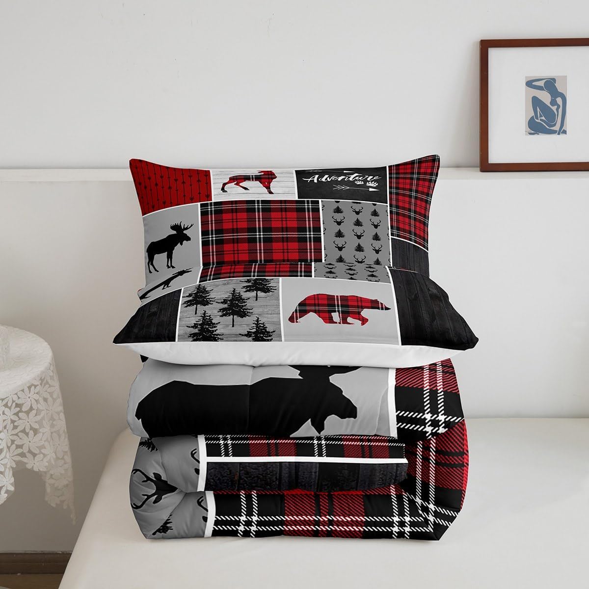 Juego de edredón de oso de ciervo y cuernos para niños, tamaño matrimonial, juego de ropa de cama de retazos con flechas bohemias para niños, niñas