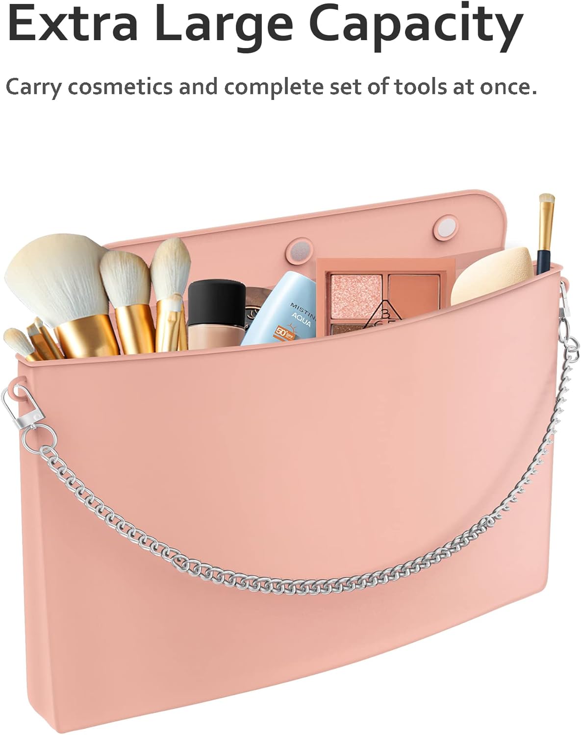 Bolsa de maquillaje de silicona, bolsa de maquillaje de viaje grande con solapa, bolsa de cosméticos de fácil transporte, bolsa de maquillaje de