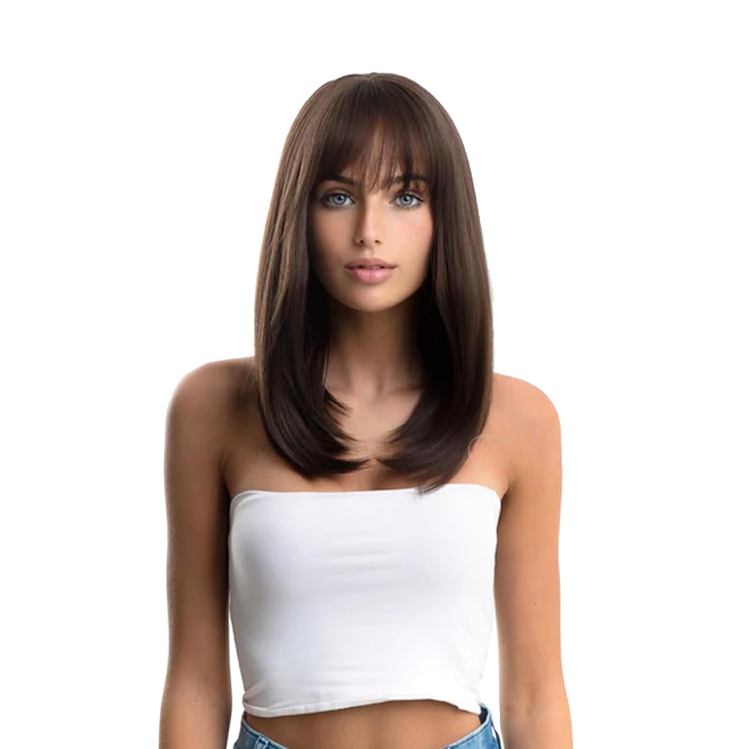 FEDERICA – Peluca lacia marrón con flequillo completo, pelucas sin pegamento para mujer, pelucas de cabello largo sintético natural para uso diario