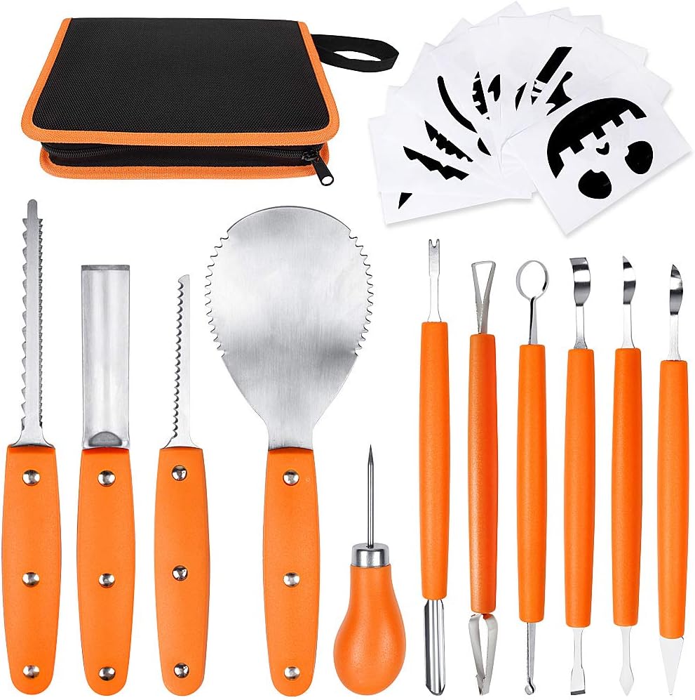 Kit profesional de tallado de calabaza, 11 piezas de herramientas de tallado de acero inoxidable resistentes para Halloween con estuche de