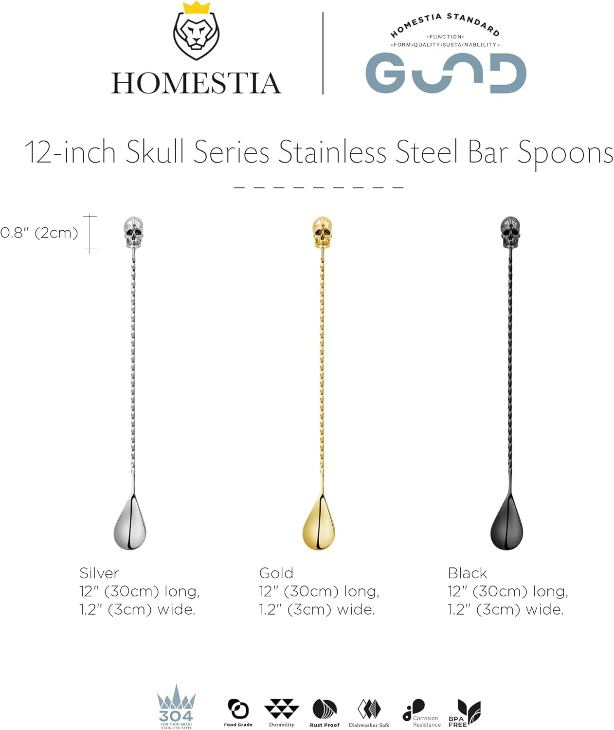 Homestia Cuchara de barra de calavera de acero inoxidable de 12 pulgadas, herramienta de barra plateada para bar barman hombres y mujeres, Acción de