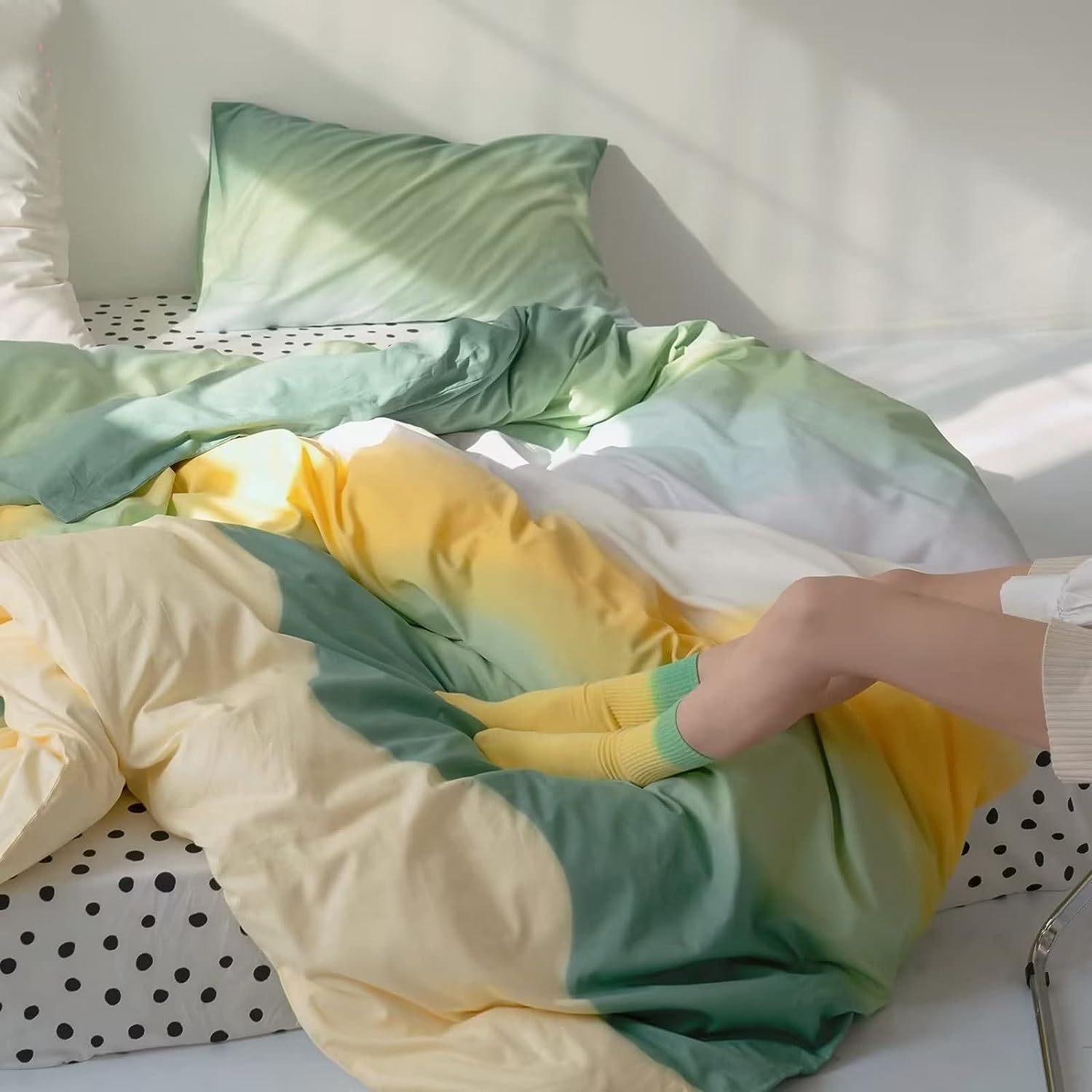 Juego de edredón verde degradado, tamaño Queen, color verde salvia y amarillo, juego de ropa de cama multicolor, amarillo y verde claro, juego de