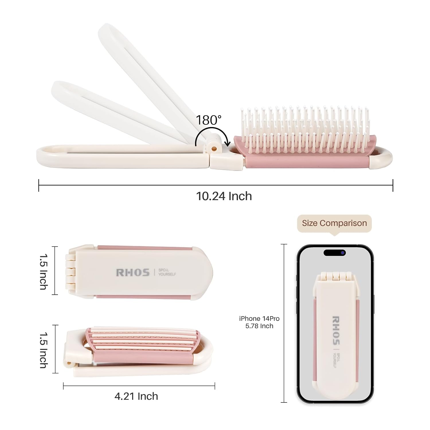 RHOS Cepillo plegable con espejo para mujeres y niñas, mini cepillo portátil para el cabello, cepillo de pelo de bolsillo pequeño con cerdas de