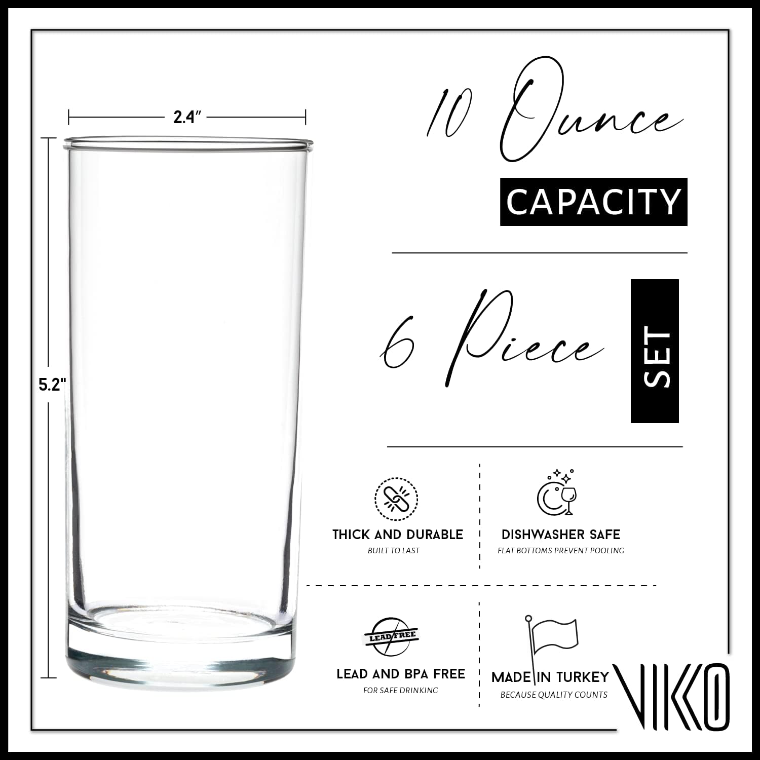 Vikko Vasos de agua, juego de 6 vasos para beber, vasos gruesos y duraderos, vasos de cocina de 10 onzas de alto, aptos para lavavajillas, vasos de