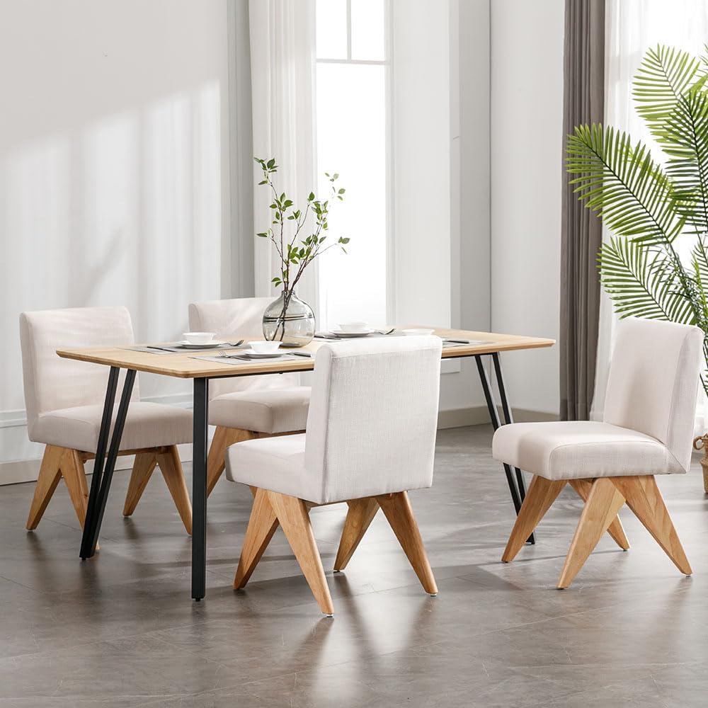 Wahson Juego de 2 sillas de comedor modernas tapizadas de lino de mediados de siglo, silla de comedor de tela moderna sin brazos con patas de madera