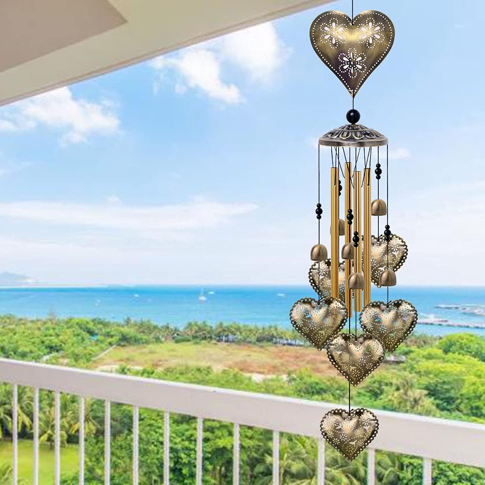 Campanillas de viento con forma de corazón para decoración interior y exterior, con 4 tubos, 6 campanas, 7 corazones, captador de viento romántico