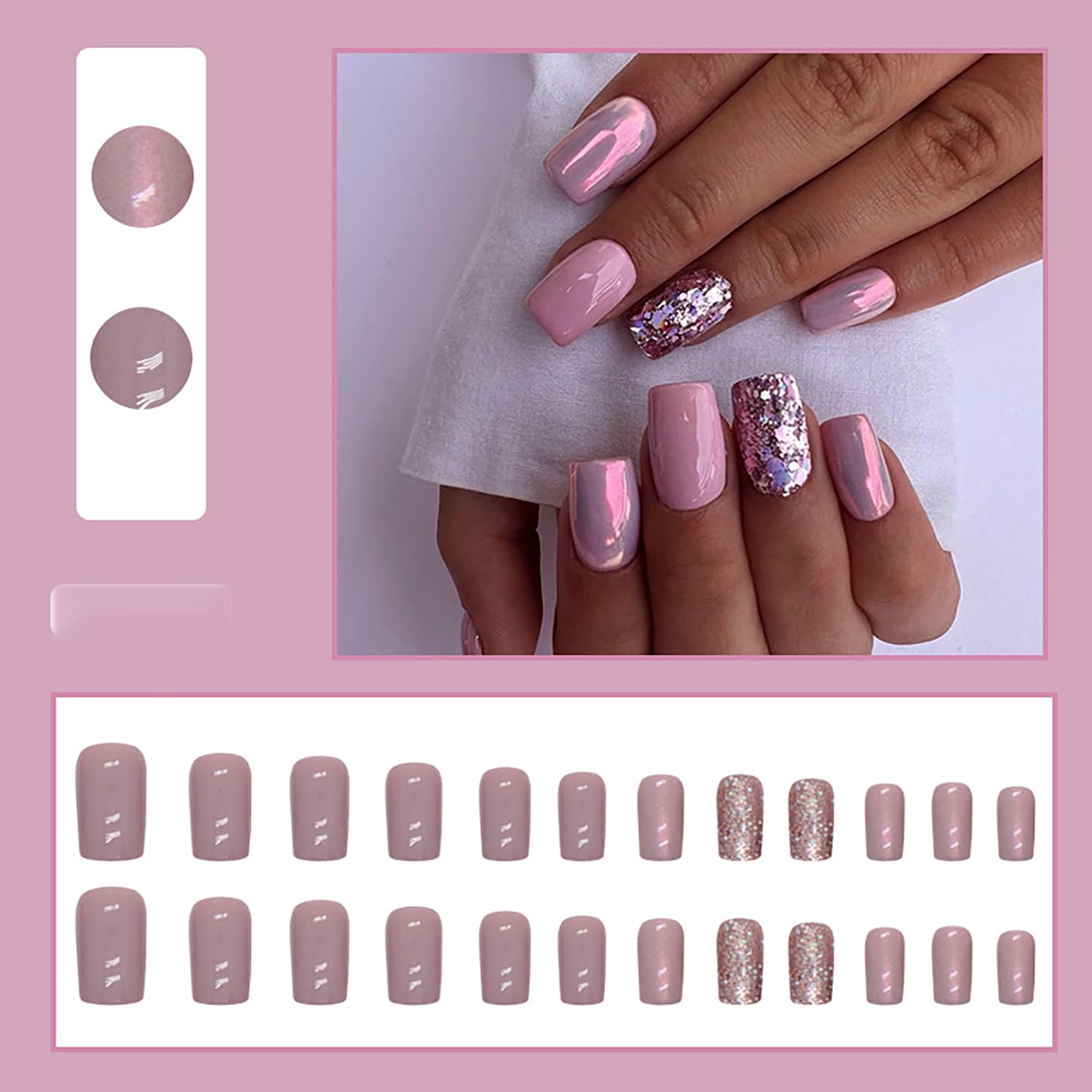 Uñas postizas a presión de color rosa, medianas, cuadradas, uñas postizas acrílicas con diseños de purpurina, uñas cuadradas brillantes, cobertura