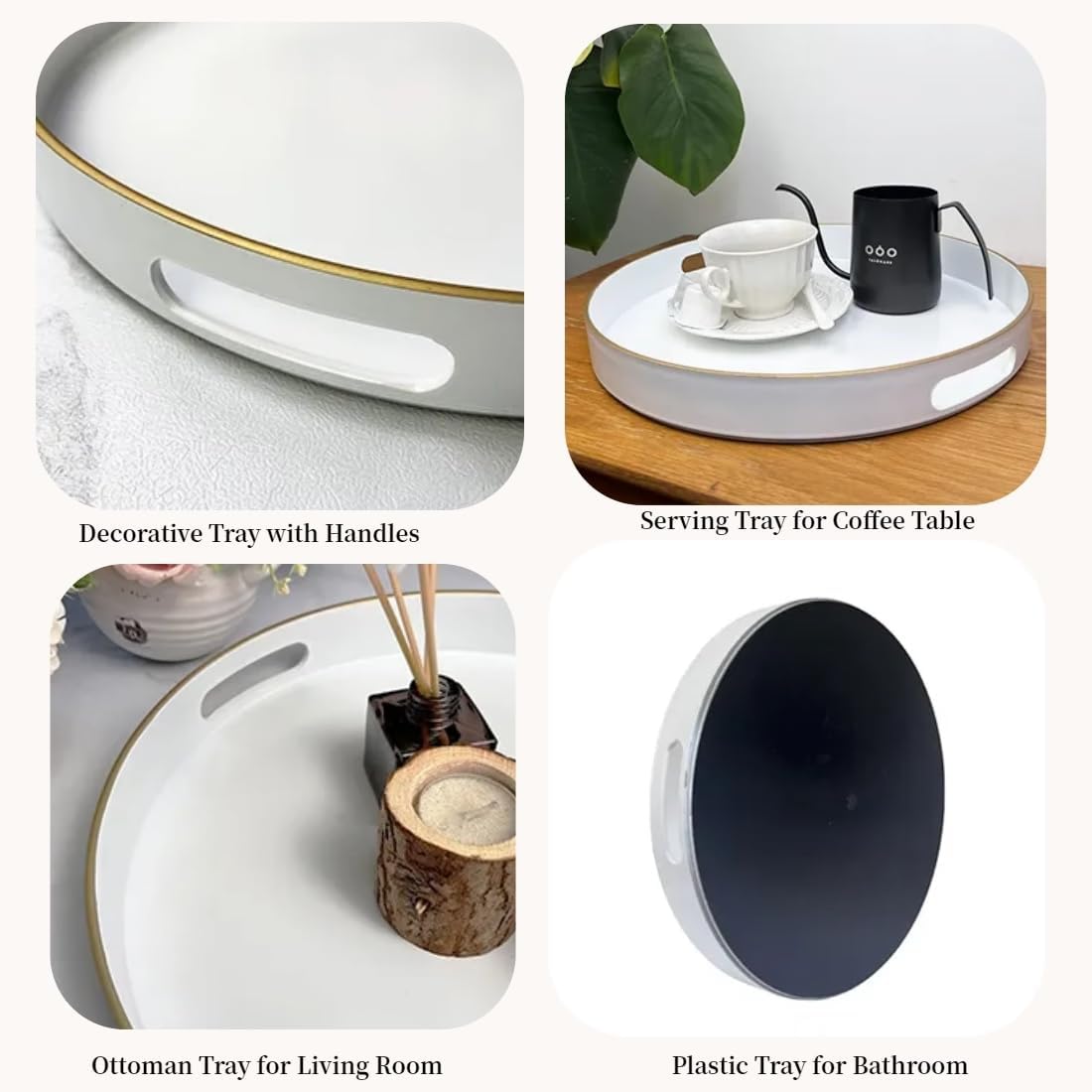 Bandeja decorativa blanca, bandeja para servir con asas, bandeja decorativa redonda para mesa auxiliar, bandeja de plástico de 13 pulgadas para
