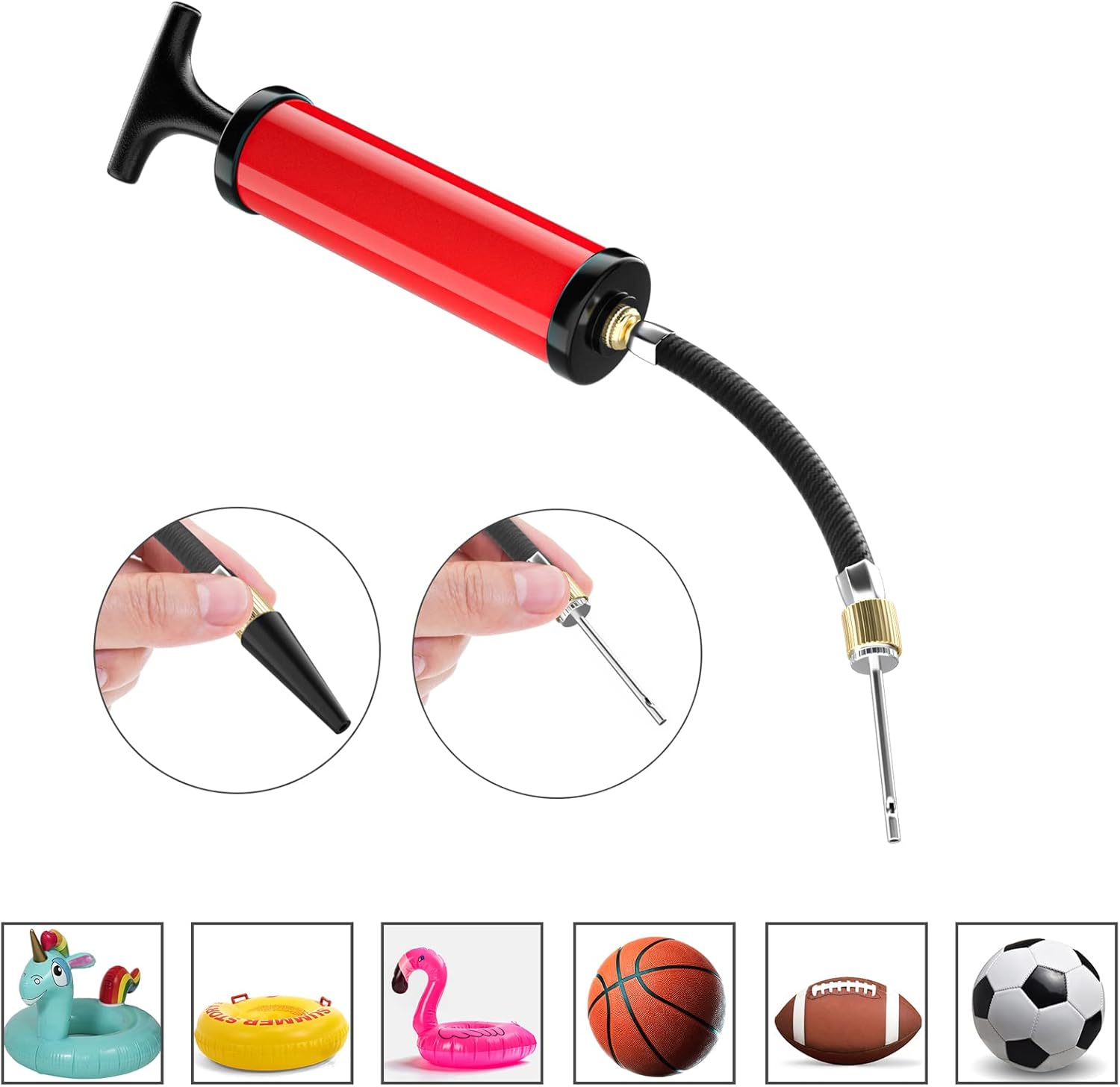 Motorenbau Bomba de bola, bomba de pelota deportiva con 5 agujas, boquilla, manguera de extensión, sistema de inflado de empuje y tirón, perfecta