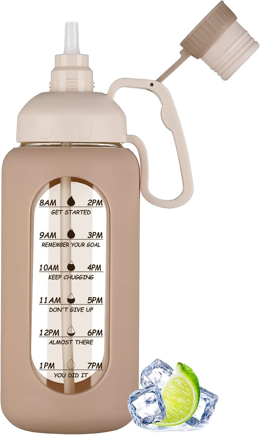 MUKOKO Botellas de agua de vidrio de 64 onzas con popote, botella de agua de medio galón con marcador de tiempo, botella de agua motivacional con