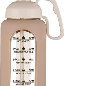 MUKOKO Botellas de agua de vidrio de 64 onzas con popote, botella de agua de medio galón con marcador de tiempo, botella de agua motivacional con MUKOKO Botellas de agua de vidrio de 64 onzas con popote, botella de agua de medio galón con marcador de tiempo, botella de agua motivacional con