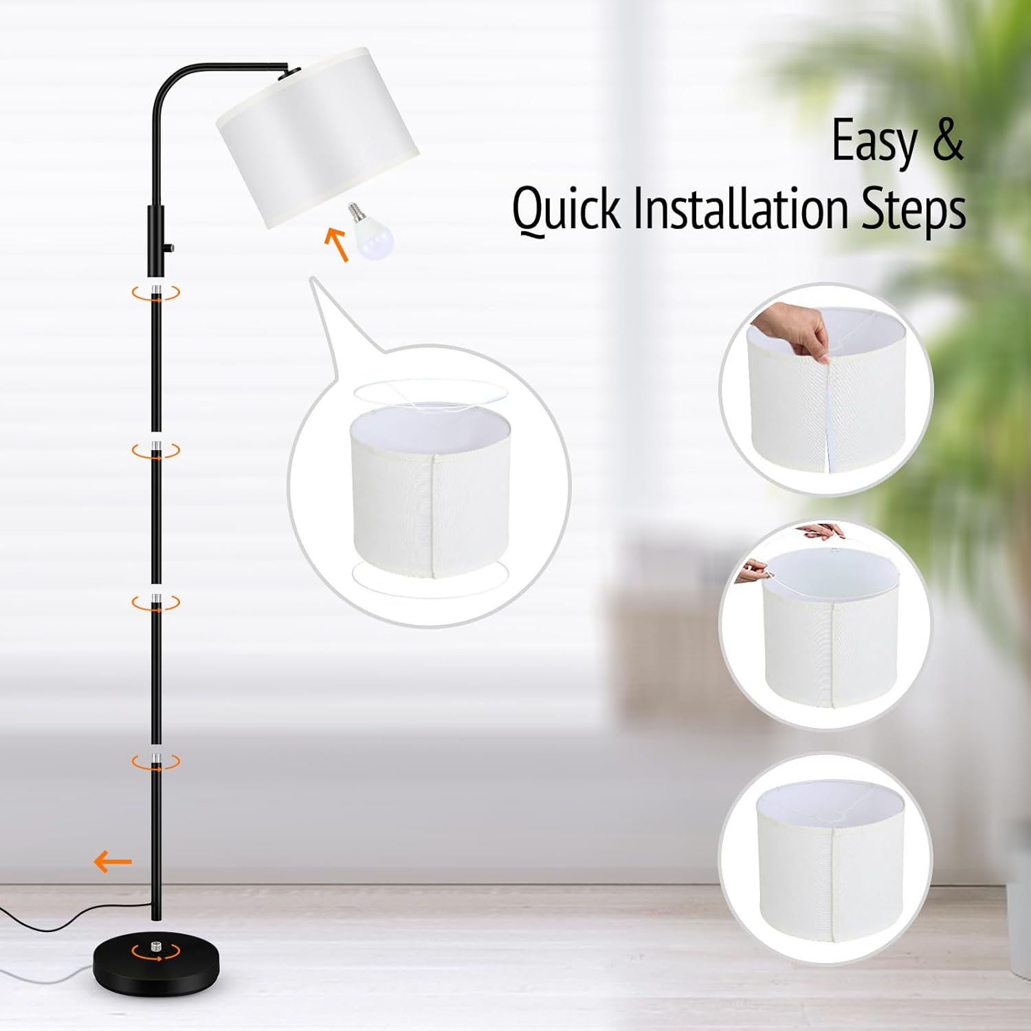 Lámpara de pie regulable, moderna lámpara de pie con bombilla LED (1000 lúmenes, 2700 K), pantalla de lámpara ajustable blanca, interruptor