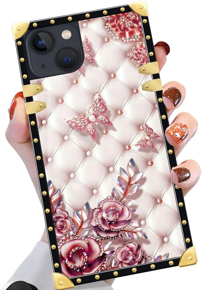 Yuning419 Funda compatible con iPhone 15 Plus, diseño de diamantes de mariposa, para niñas y mujeres, decoración de lujo, cuadrada, suave, TPU a