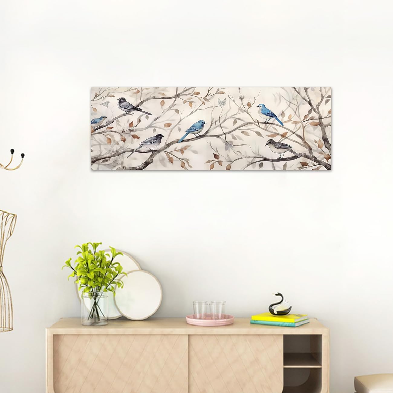 LZIMU Lienzo decorativo para pared, diseño de pájaros en rama de árbol, hojas caídas de otoño, paisaje, impresiones de paisaje, gran estilo rústico,