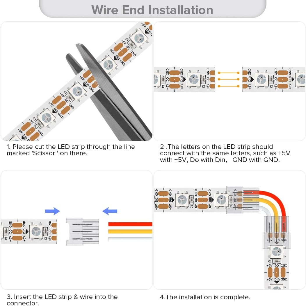 SEZO Kit de conectores de tira de luz LED de 3 pines de 0.394 in, 12 conectores transparentes sin cables sin soldadura + 6 piezas de 5.9 in de largo