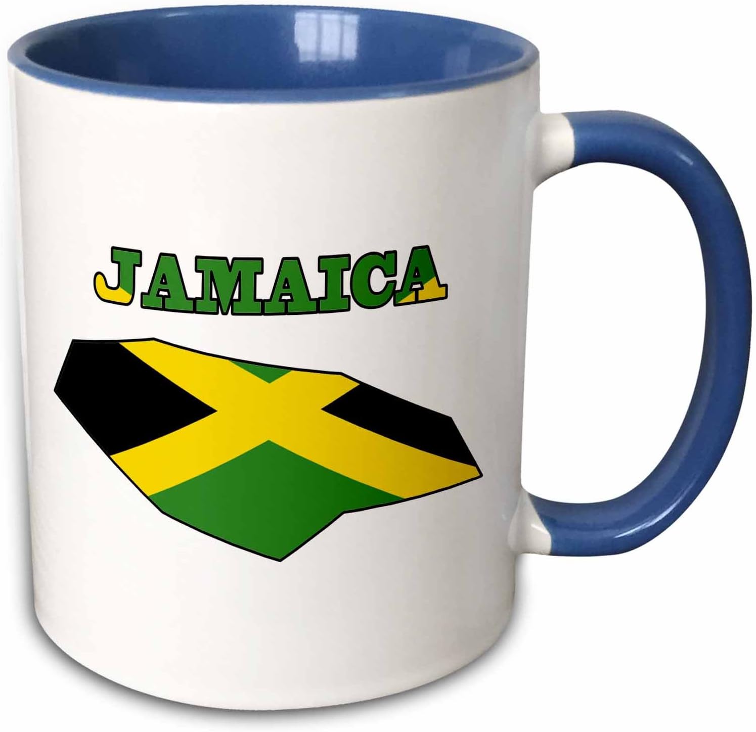 3dRose mug_58778_6 “Bandera de Jamaica en el mapa de contorno y palabra Jamaica” Taza azul de dos tonos, 11 onzas, multicolor