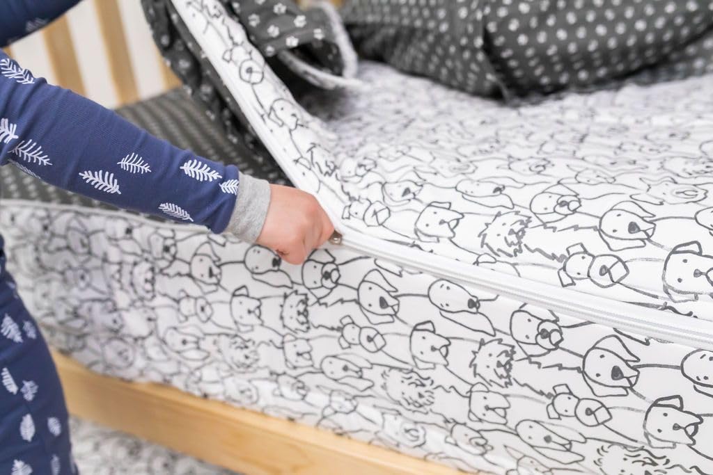 Beddy’s Nod & Winks – Juego de ropa de cama tamaño matrimonial con cremallera para niños, tema de perros cachorros, juego blanco de 5 piezas con
