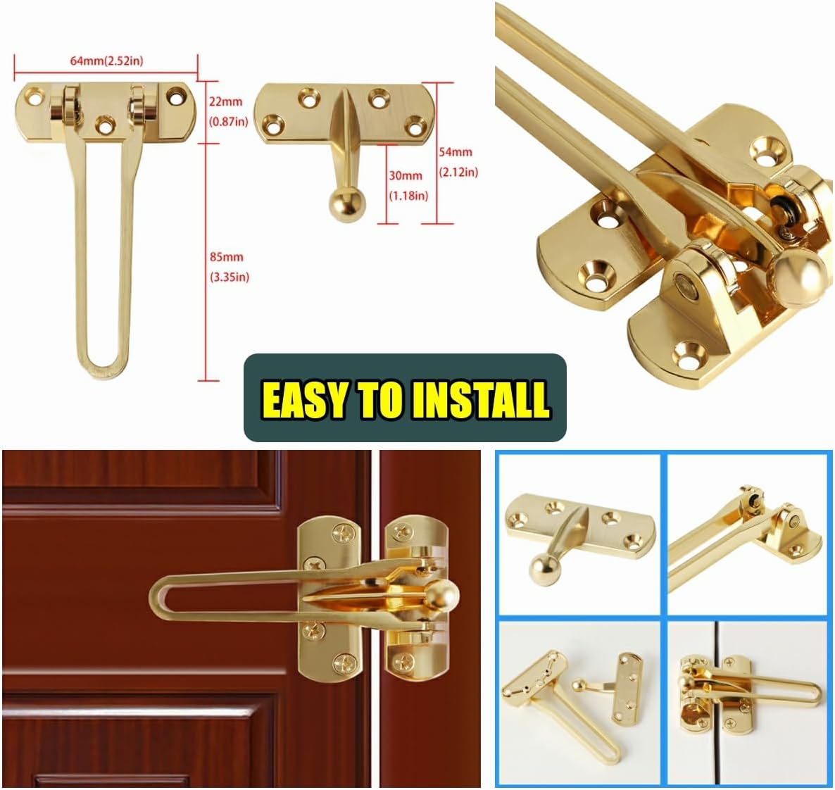 Alise Protector de puerta de barra oscilante, cerradura de pestillo para puertas delanteras e interiores, cierre de puerta de bisagra antirrobo,