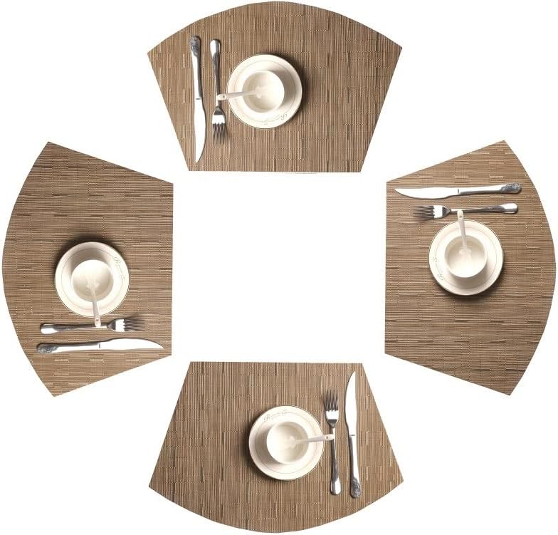 Manteles individuales de mesa redonda de vinilo sintético tejido con forma de abanico, impermeables, resistentes a las manchas y aislamiento