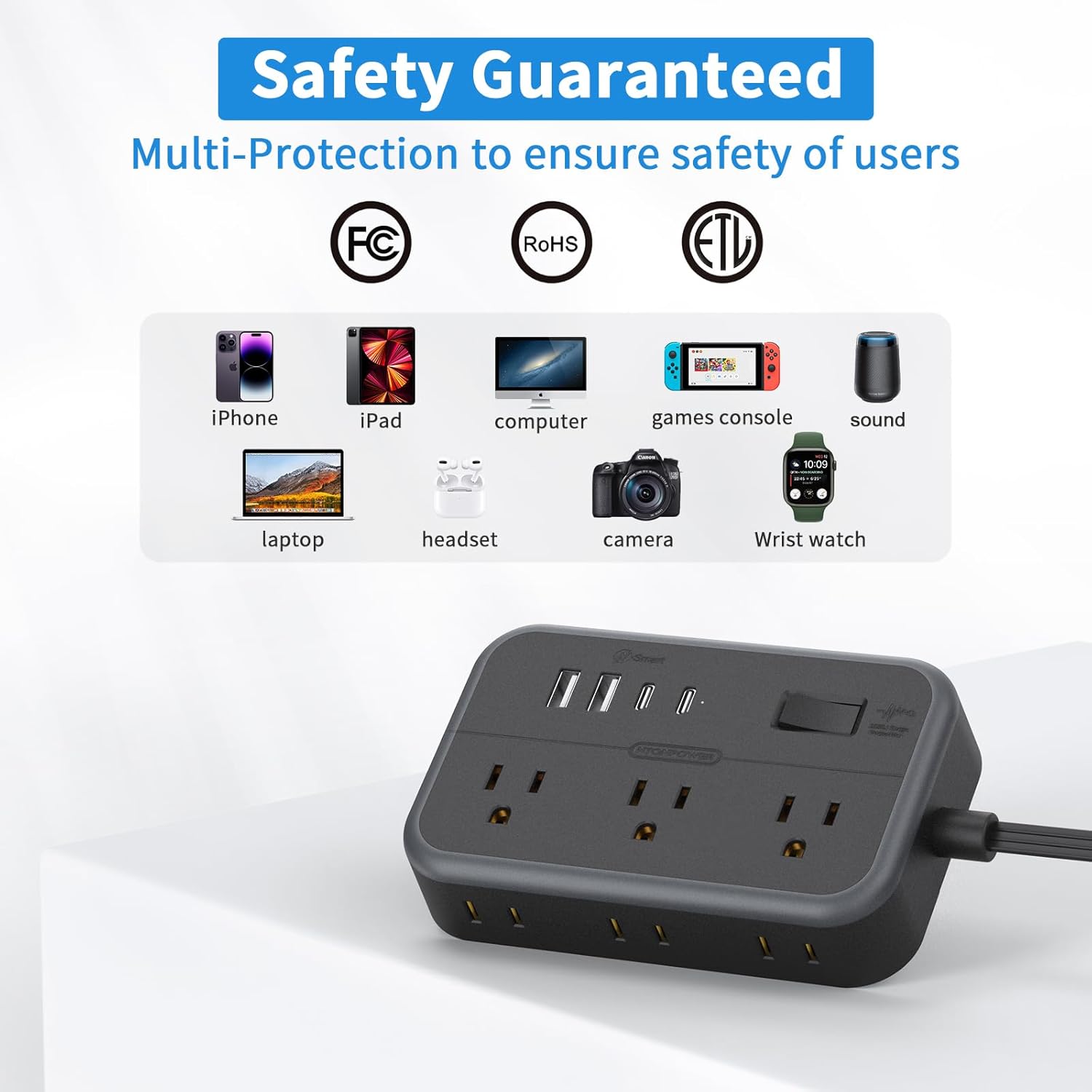 NTONPOWER – Cable de extensión largo 10 en 1 de 25 pies con 4 puertos USB (incluye 2 USB C) cable de extensión con múltiples tomas de corriente