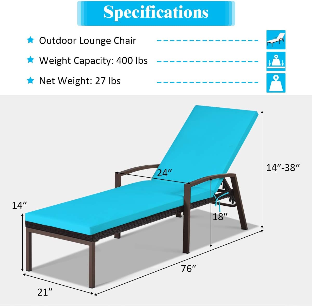 Tangkula Tumbona de ratán para patio, tumbona reclinable para exteriores con cojín y reposabrazos, tumbona de mimbre con respaldo ajustable para
