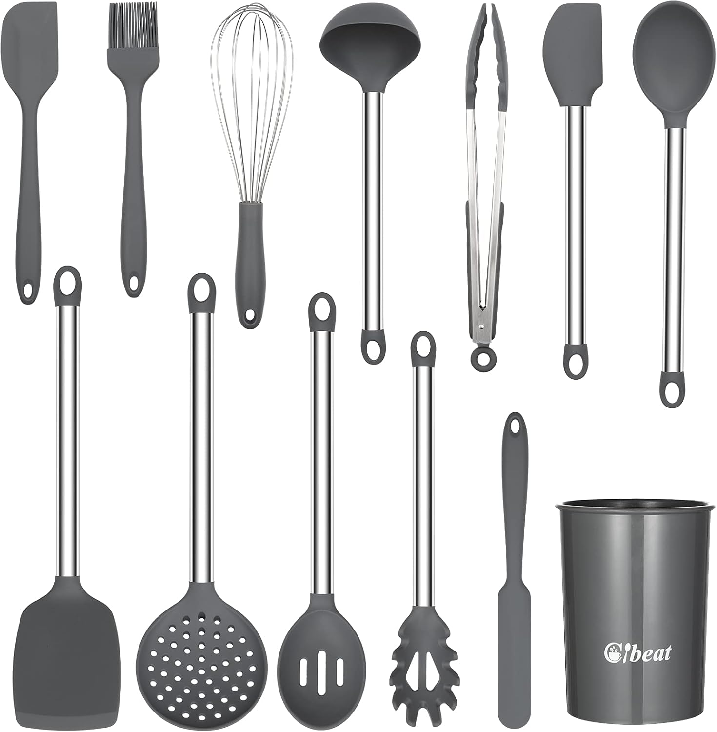 Juego de utensilios de cocina, 13 piezas de silicona para cocinar, resistentes al calor, antiadherentes, asas de acero inoxidable, herramientas de