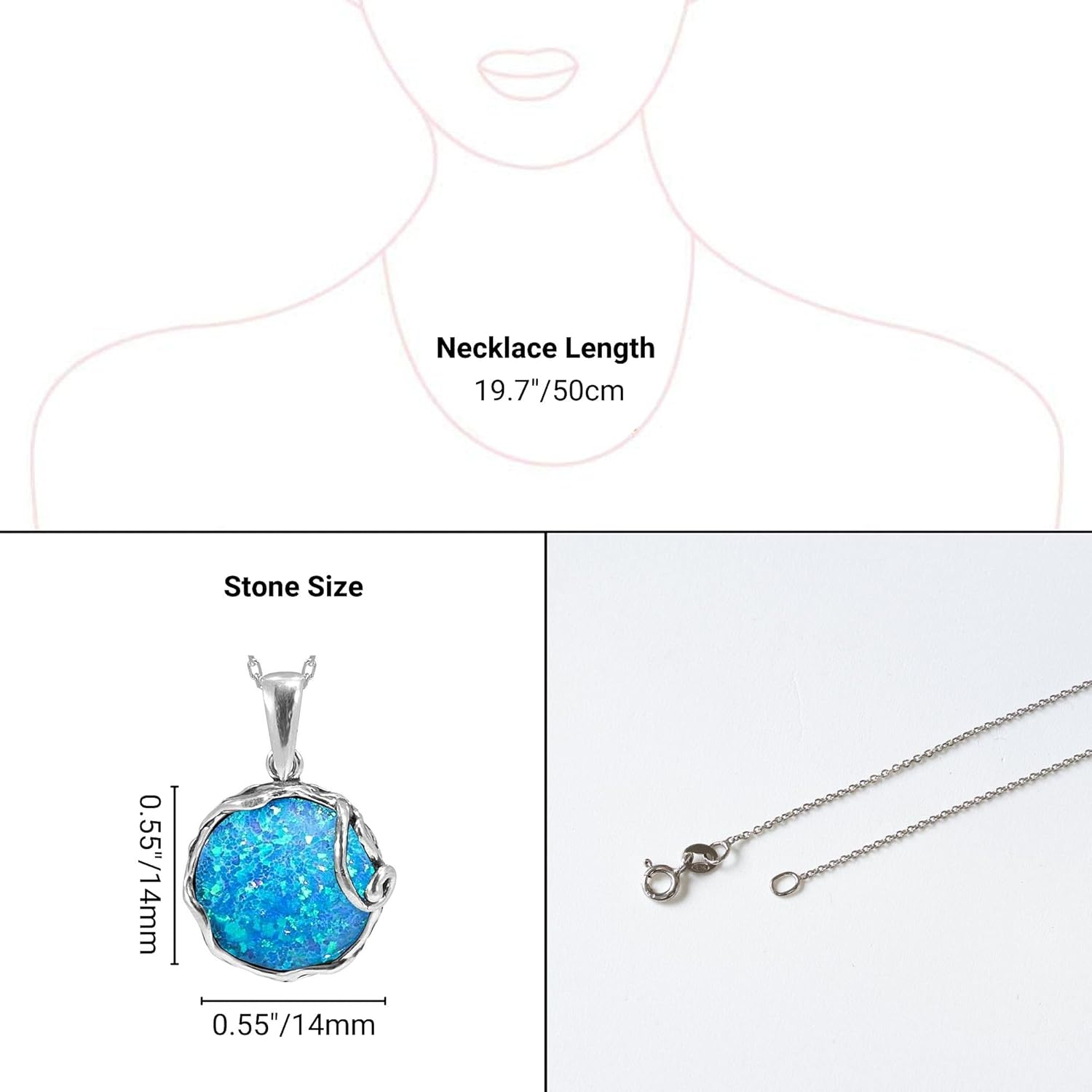 925 Sterling Silver Blue Opal Large Pendant Libra Natural October Birthstone Round Pendant Antique Jewelry For Women  Handmade Vintage Style Fire