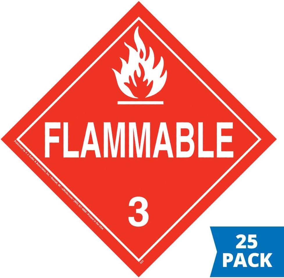 J. J. Keller – Cartel líquido inflamable de clase 3, 25 unidades, vinilo autoadhesivo extraíble de 10.75 x 10.75 pulgadas para aplicaciones a corto