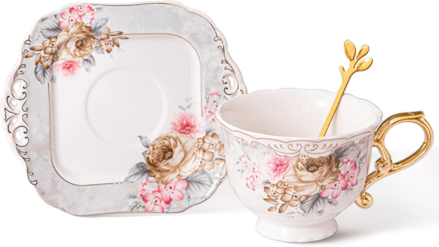 fanquare Juego de taza de té y platillo gris de 7 onzas, taza de café de porcelana floral con mango dorado, platillo cuadrado, cuchara, taza de té