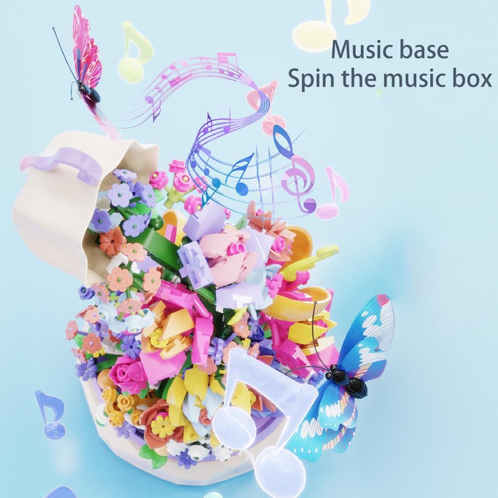 Mesiondy Juego de flores de construcción, caja giratoria de música de flores, con luz, con mariposas, regalo de cumpleaños, kits de construcción de