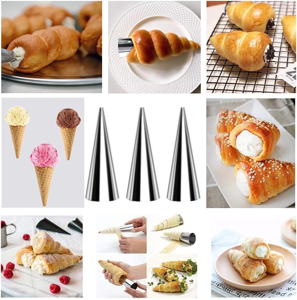 Juego de 35 tubos de forma de canoli, molde de cuerno crema, acero inoxidable antiadherente, 16 piezas en forma de cono y 12 moldes para hornear en