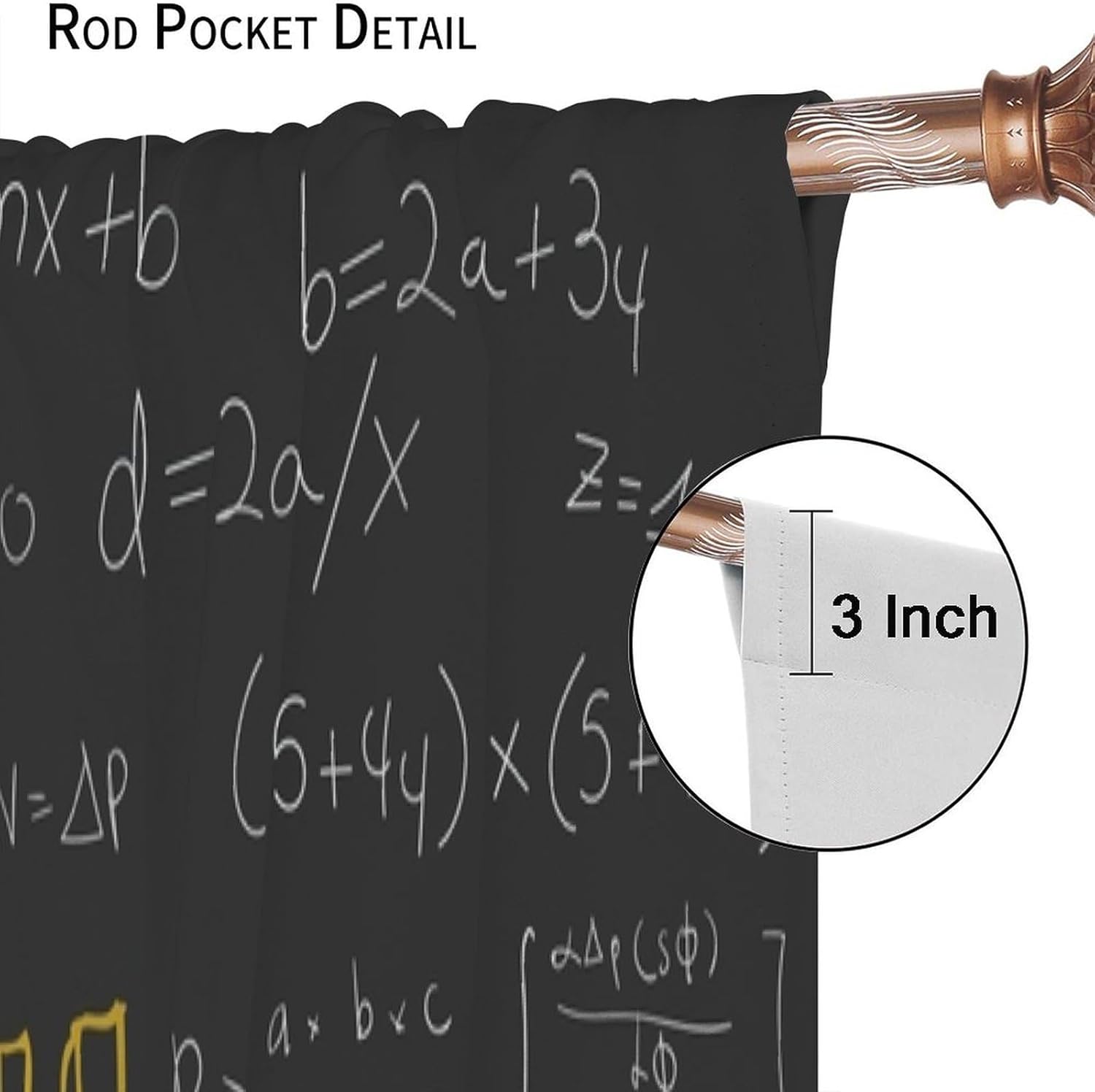 Cortinas de pizarra de matemáticas, diseño geométrico, matemáticas, física, fondo negro, cortinas opacas con bolsillo para barra, para dormitorio,
