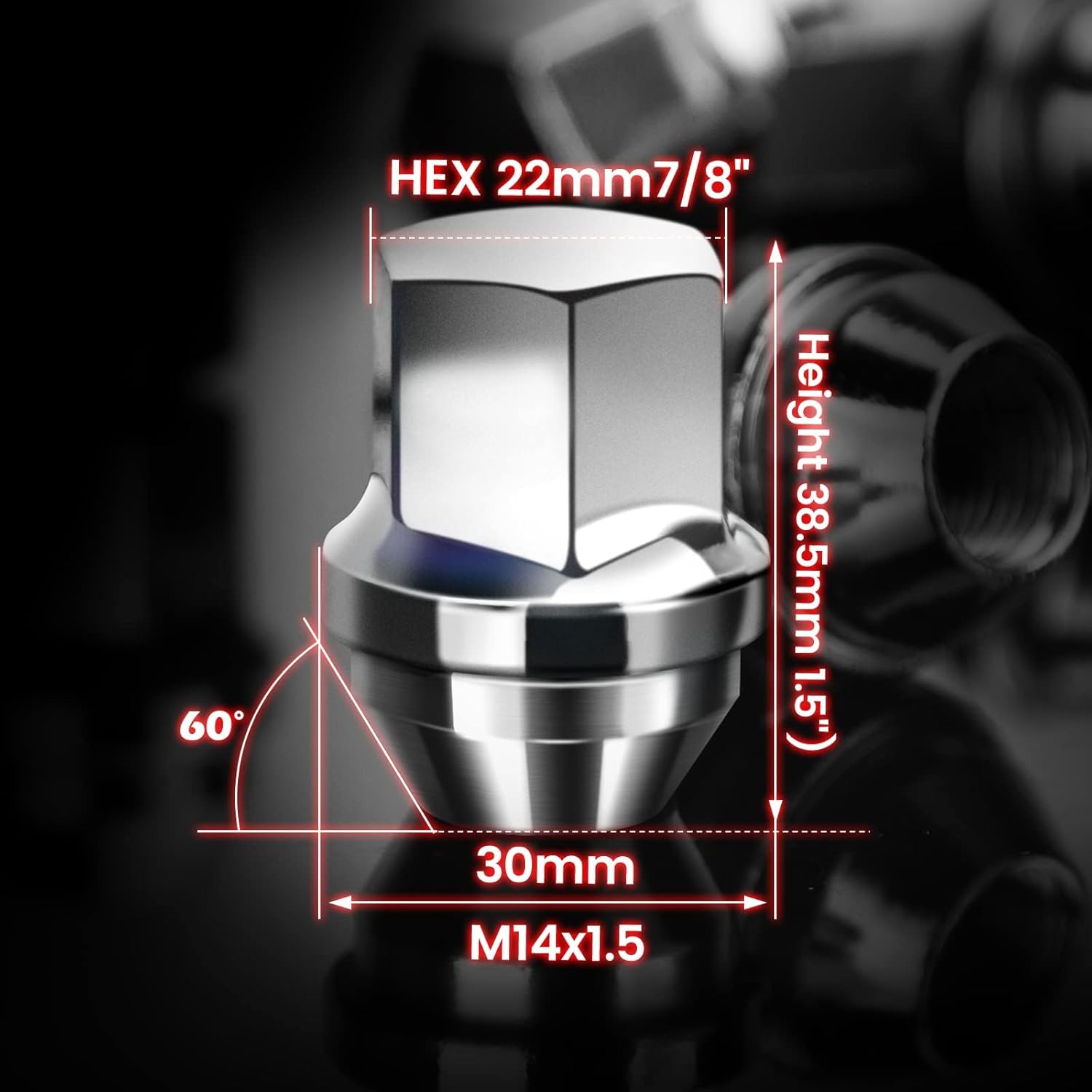 Dynofit – Tuercas para rueda M14x1.5, hexagonal, 78 pulgadas (22mm), altura 1.5 pulgadas, asiento cónico, tuercas OEM plateadas, 20 unidades