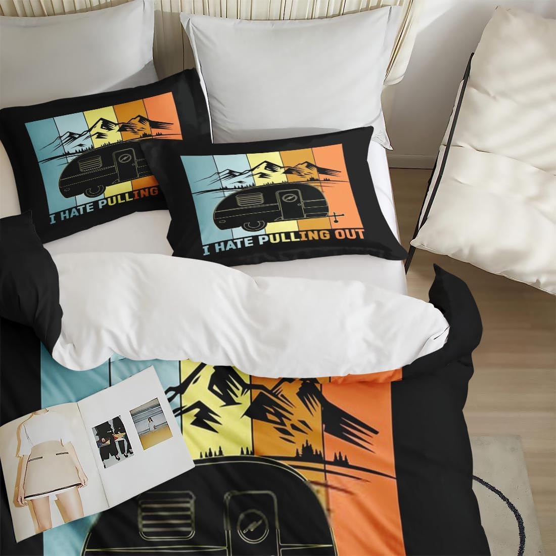 Juego de funda de edredón tamaño King, divertido juego de ropa de cama retro para acampar con cierre de cremallera para niños y adultos, funda de