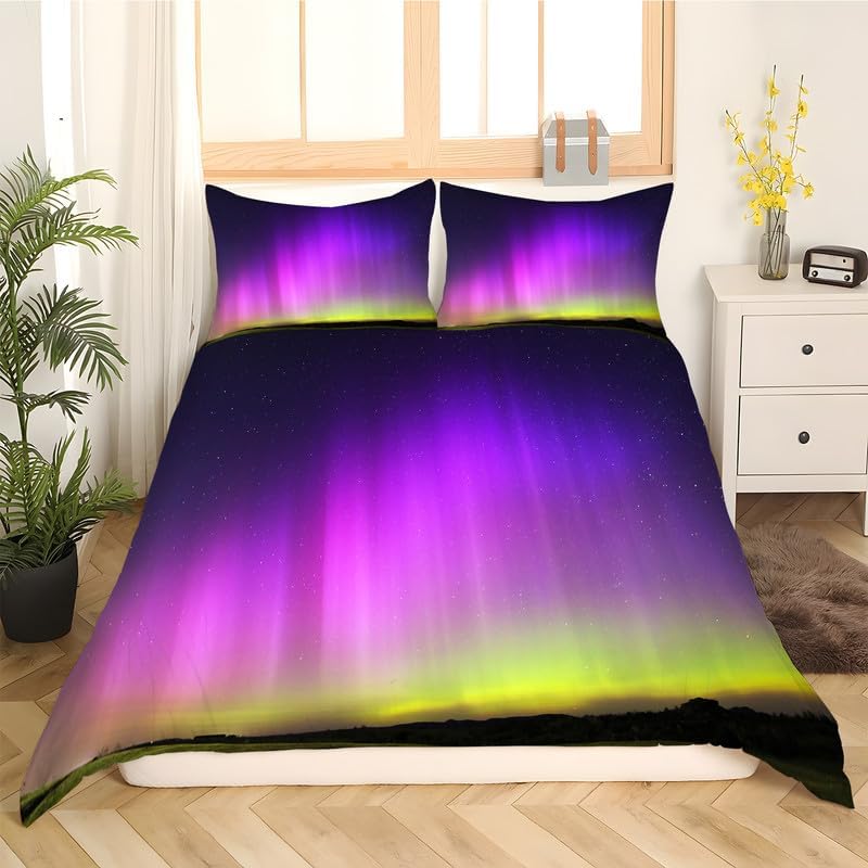 Juego de funda de edredón tamaño individual con estampado de paisaje de Aurora morada, funda de edredón de microfibra suave y 2 fundas de almohada