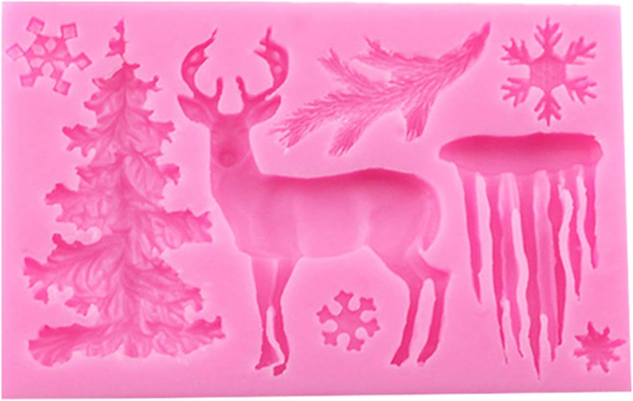 btdeal Molde de silicona para pastel de Navidad, reno, alce, árbol de Navidad, copo de nieve, fondant, molde de chocolate, molde para pasteles de