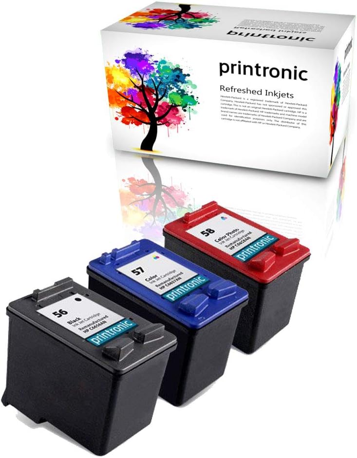 Printronic Cartucho de tinta remanufacturado de repuesto para HP 56 57 58 C6656AN C6657AN C6658AN (1 negro, 1 color, 1 color foto), paquete de 3