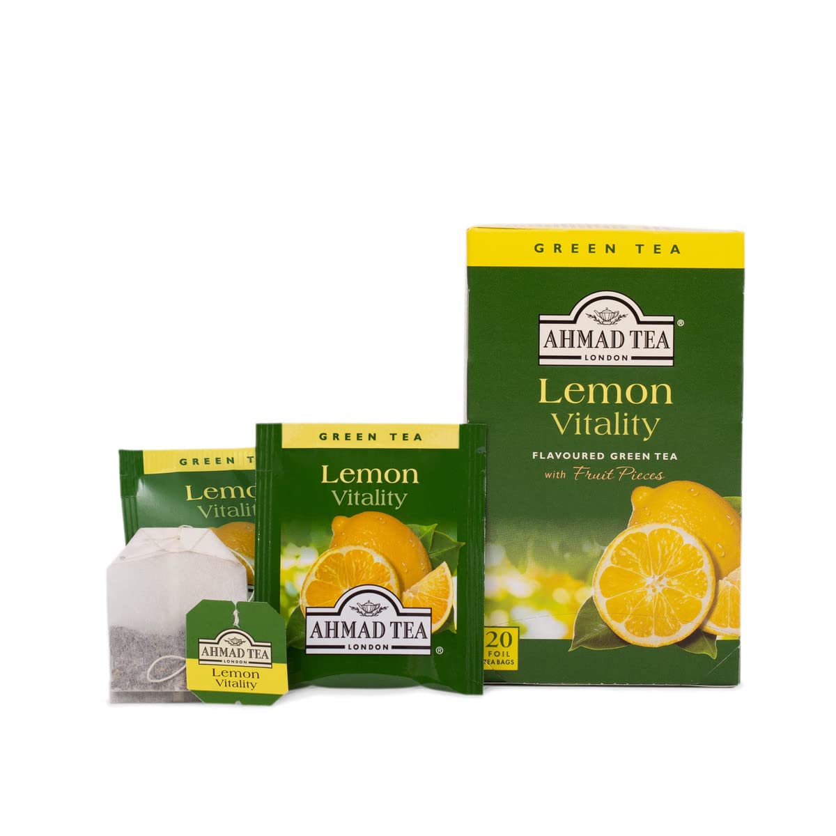 Té inglés, té verde limón” – Etiquetado y bolsas de té envueltas en papel de aluminio